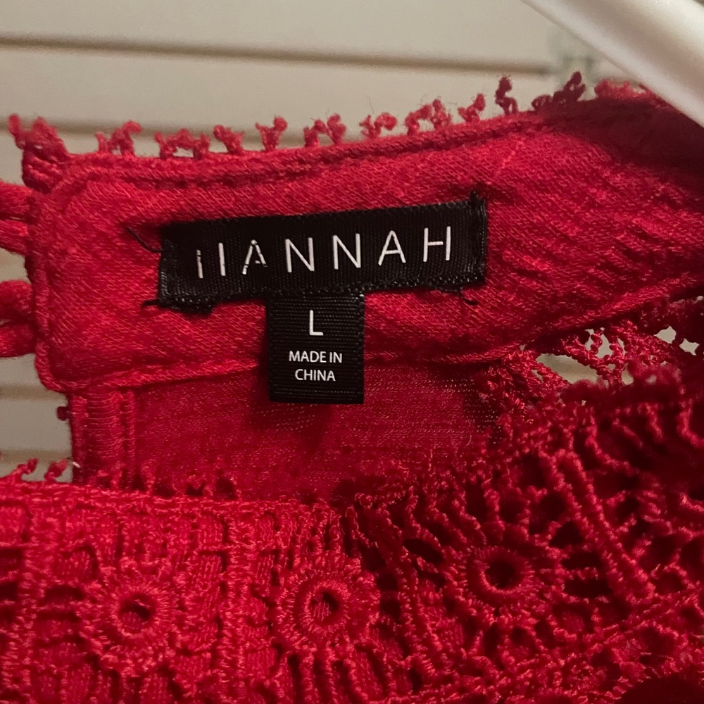 Hannah Red Crochet Lace Yoke Tiered Ruffle Sleeve Blouse Top Womens Large - Picture 2 of 6